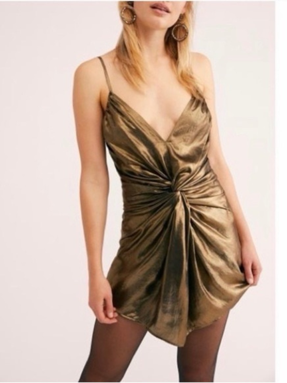 Free People Metallic Gold Twist-Front Mini Dress